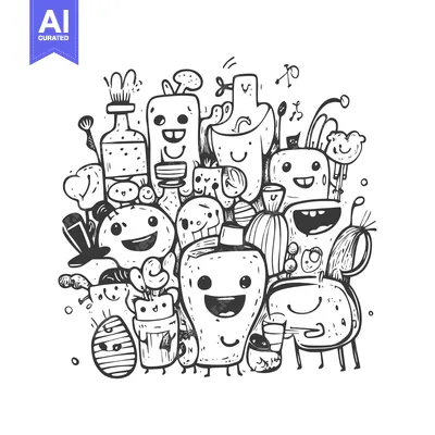 Aset desain premium: Doodle Illustration of a Group of Funny Cartoon Characters