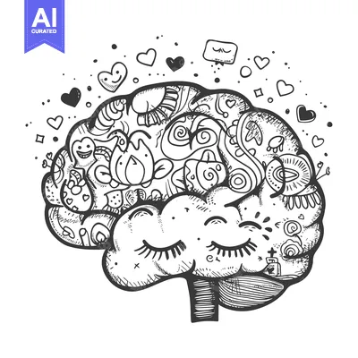 Aset desain premium: Doodle Illustration of a Human Brain with Hearts, Flowers, and Eyes