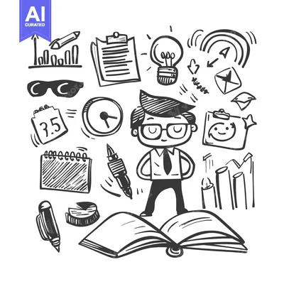 Aset desain premium: Doodle Illustration of a Man Surrounded by Business and Education Elem