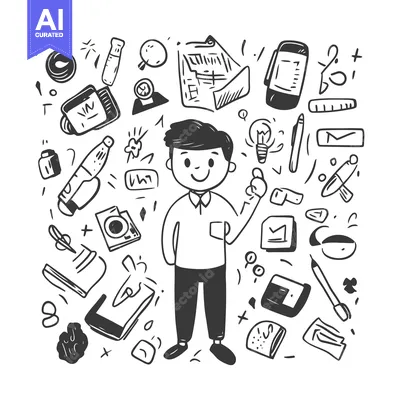 Aset premium populer: Doodle Illustration of a Man Surrounded by Various Office Supplies and