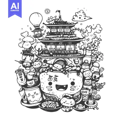 Popular premium asset: Doodle Illustration of a Smiling Face Surrounded by Korean Culture Ele