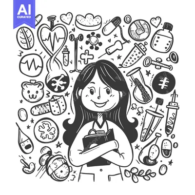 Premium design asset: Doodle Illustration of a Smiling Female Doctor with Medical Symbols