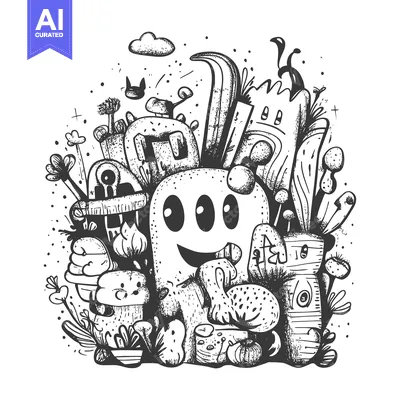 Popular premium asset: Doodle illustration of a smiling monster amidst a whimsical landscape