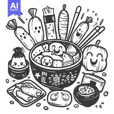 Aset premium populer: Doodle Illustration of Japanese Cuisine with Smiling Food Characters
