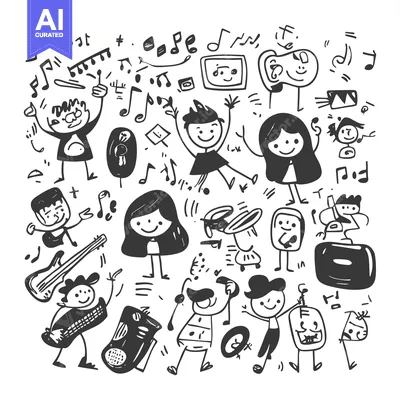 Premium design asset: Doodle Illustration of People Dancing and Playing Musical Instruments