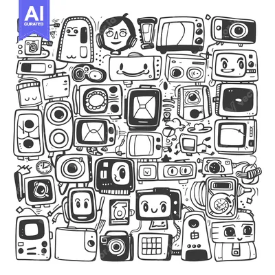 Premium design asset: Doodle Illustration of Retro and Modern Electronics with Personified F
