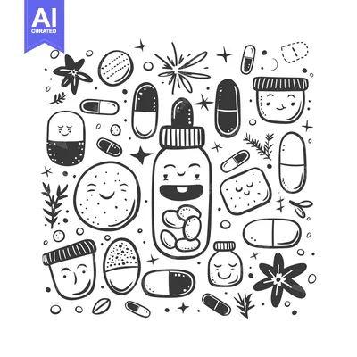 Premium design asset: Doodle Illustration of Smiling Pills and Bottles
