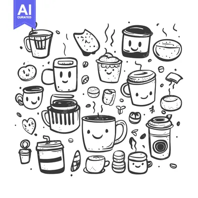 Aset desain premium: Doodle Illustration of Various Cups of Coffee and Snacks