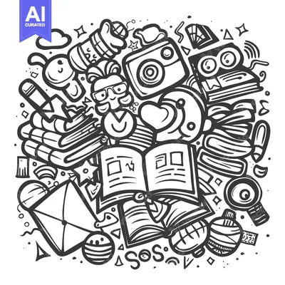Aset desain premium: Doodle Illustration with Books, Glasses, and a Heart