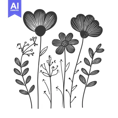 Aset desain premium: Black and white illustration of various stylized floral elements