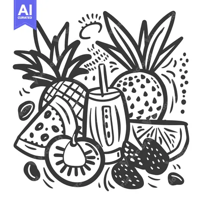 Aset premium populer: A black and white drawing depicting assorted fruits and a drink