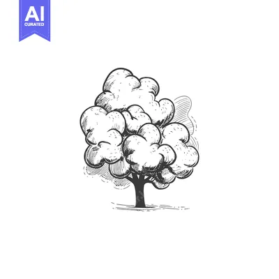 Aset desain premium: Detailed grayscale illustration of a single isolated tree with leaves