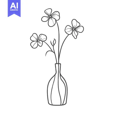 Premium design asset: Simple line drawing depicts flowers in a decorative vase