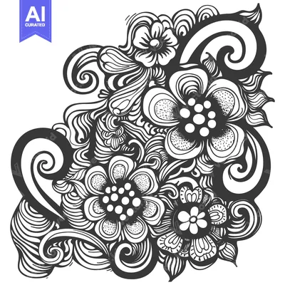 Aset desain premium: A decorative floral illustration featuring swirling lines and detailed