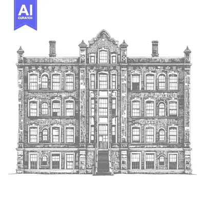 Aset desain premium: Elegant Brick Building Architectural Drawing Illustration