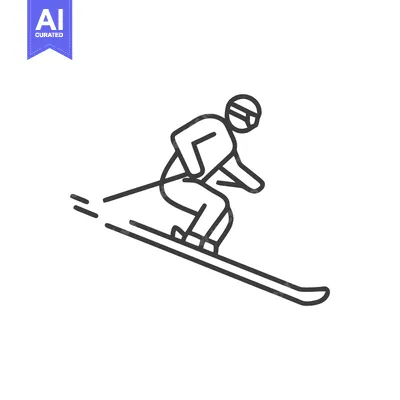 Aset premium populer: Minimalist Skiing Icon: Downhill Skier in Action, Black Outline on Whi