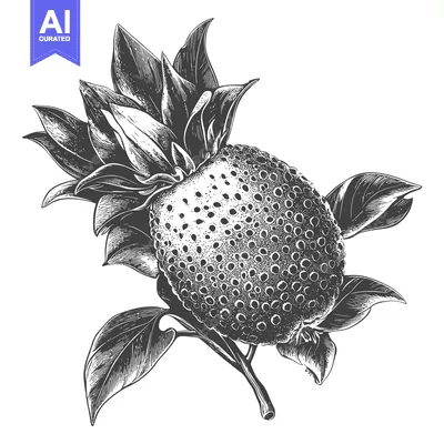 Aset desain premium: Detailed Engraving of a Strawberry Plant with Leaves