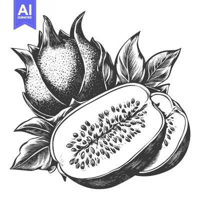 Premium design asset: Dragon Fruit Illustration Showing Whole And Sliced Fruit With Leaves
