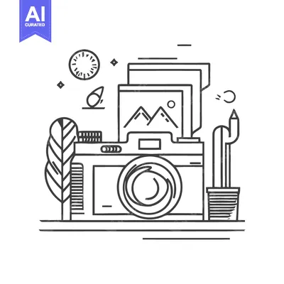 Aset desain premium: Minimalist Camera Icon with Mountain Image and Clock, Line Art