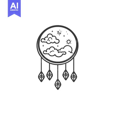 Aset desain premium: A circular dreamcatcher depicts the sky with clouds leaves and stars