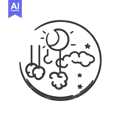 A monochrome circle graphic depicts night time symbols in simple lines