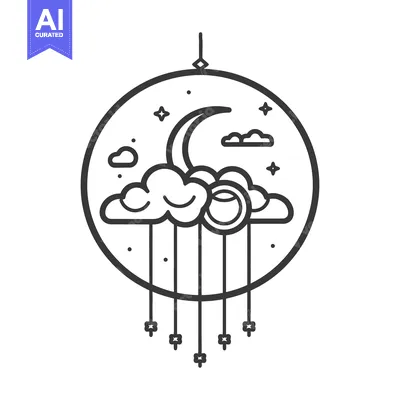 Aset desain premium: A stylized monochrome drawing of a nighttime celestial scene