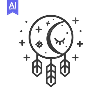 A stylized black and white image of a dreamcatcher design