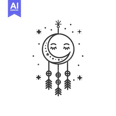 Aset premium populer: A black and white illustration of a celestial dream catcher