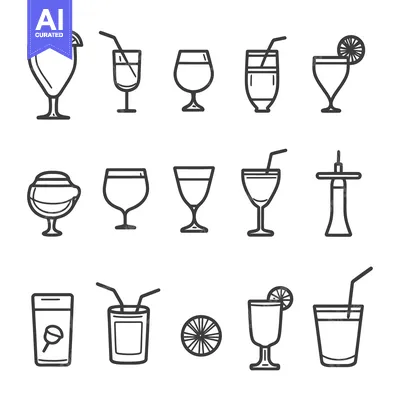 Outlined illustrations depicting various glasses and drink containers