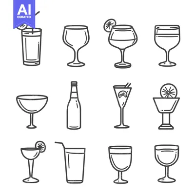 Popular premium asset: Various types of beverage glasses and a bottle displayed in monochrome