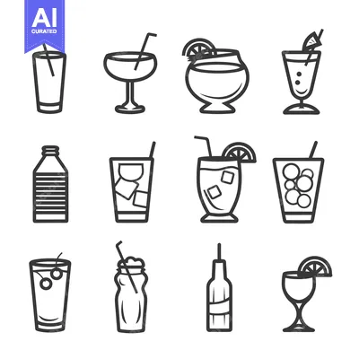 Aset premium populer: Line art depicts various beverages with decorative garnishes and acces