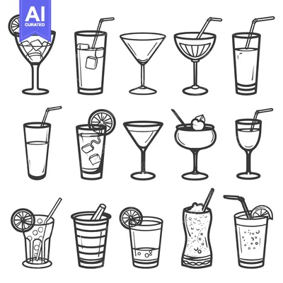 Aset premium populer: Outlined Images Depicting Various Types of Beverages in Glassware