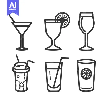 Premium design asset: Six different stylized drink glasses with straws and fruit garnish