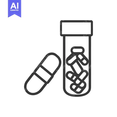 A bottle of medication with pills shown in simple outline style