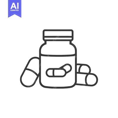 Aset desain premium: A simple line drawing of medicine container and capsules