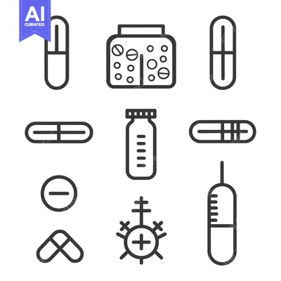 Aset premium populer: Outline illustrations representing various medication and medical rela