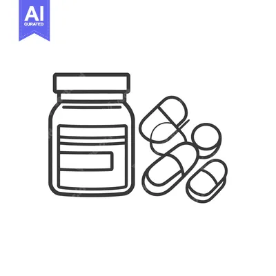 A schematic illustration of a medication bottle and various pills