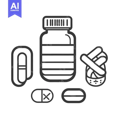 Medication pills and a bottle displayed in a black and white outline