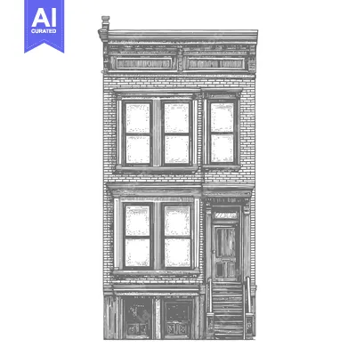 Aset desain premium: A detailed illustration of a three story brick building