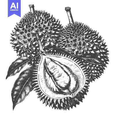 Aset desain premium: Durian fruit illustration with leaves and a sectioned view