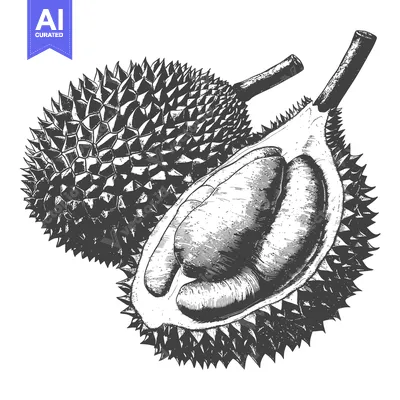 Aset premium populer: Durian fruit illustration showing whole and opened fruit