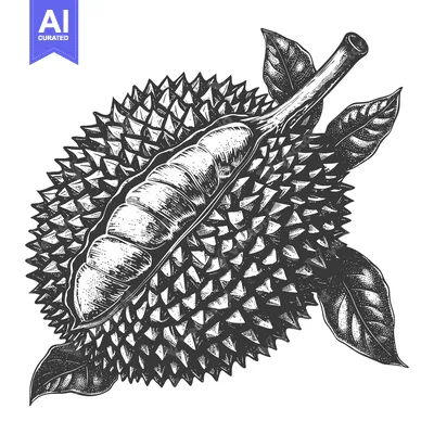 Aset desain premium: A Detailed Illustration Of A Durian Fruit With Leaves