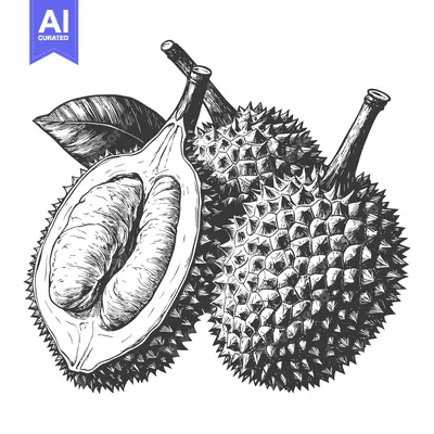 Durian fruit illustration showing whole and open fruit
