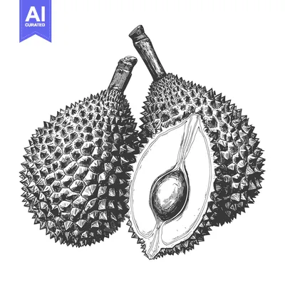 Durian fruit illustration showing whole and halved pieces