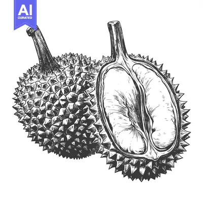 Durian fruit illustration whole and halved showing inside