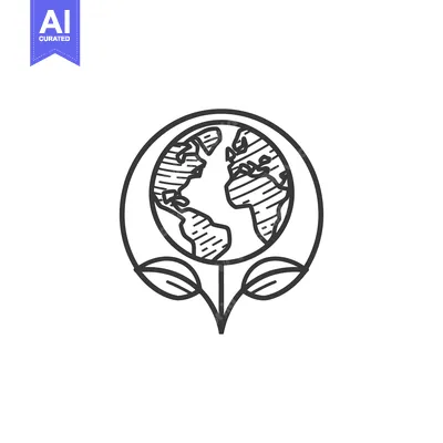 Aset desain premium: A black line art illustration of planet earth with leaves