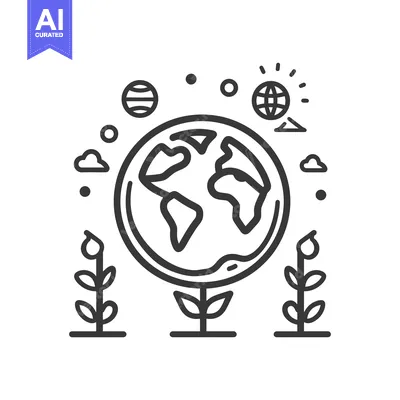 Aset desain premium: An illustrated line drawing showing Earth and associated nature