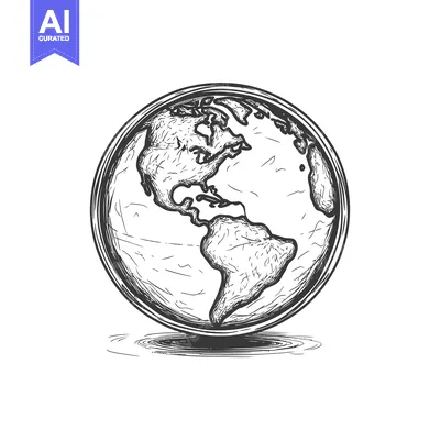 Aset desain premium: A detailed black and white illustration of the world globe