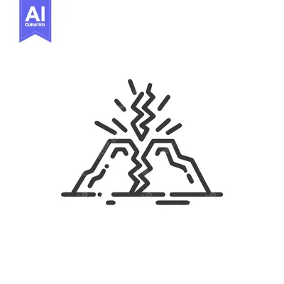Aset desain premium: Striking Volcano Icon: Linear Design with Lightning Bolt Eruption