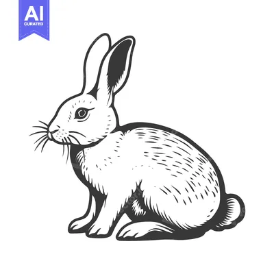 Aset desain premium: A simple monochrome illustration depicting a seated long eared rabbit